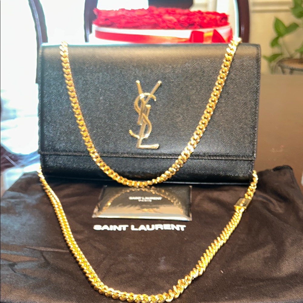 Saint Laurent Black Clutch with Gold Chain Accent